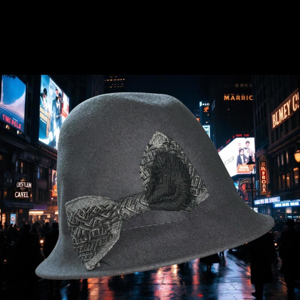 Vintage-Style Gray Wool Cloche Hat with Oversized Patterned Bow